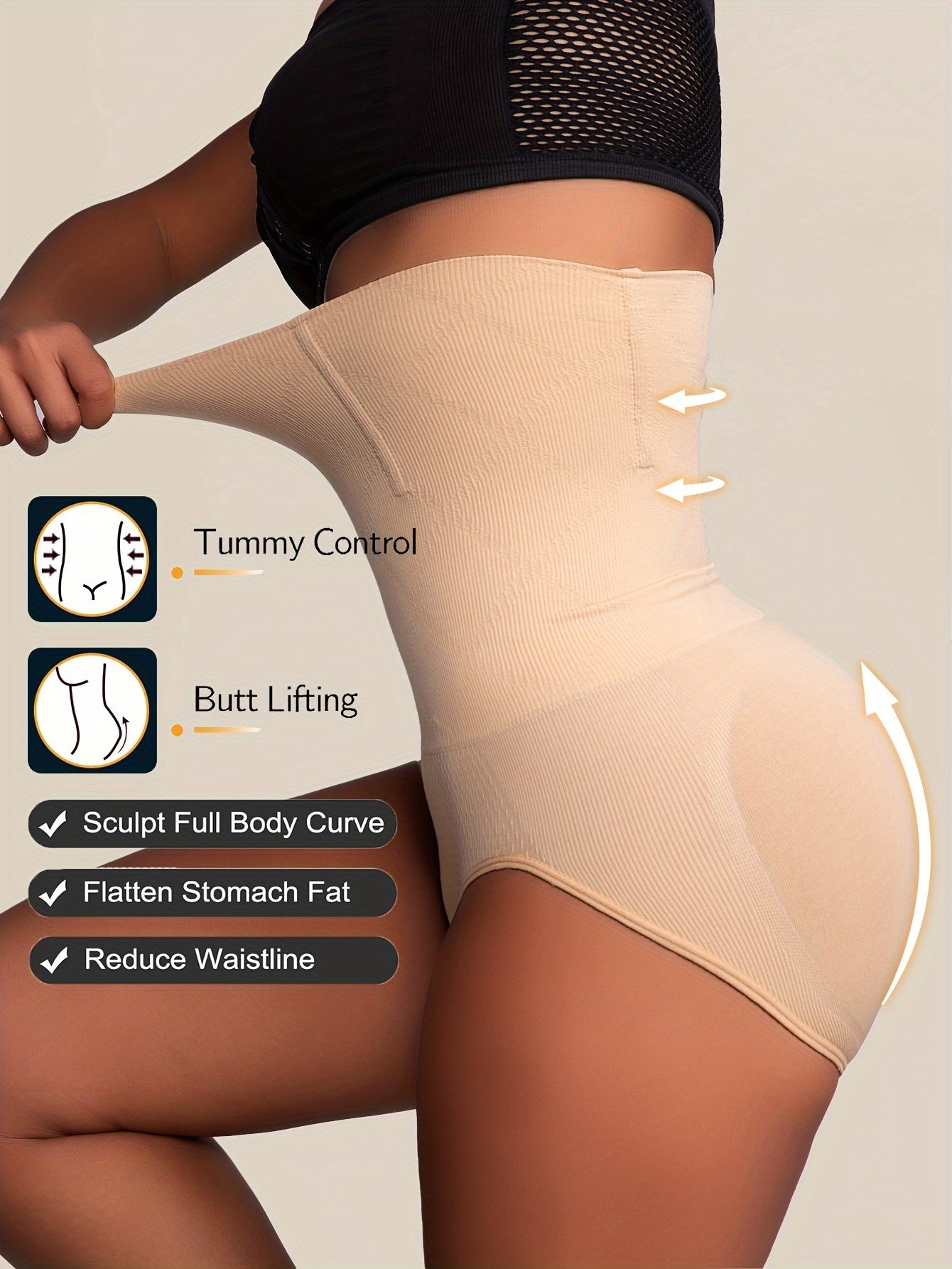 High-Waist Tummy Control Shapewear Panties for Women - Slimming Waist Trainer & Butt Lifter, Breathable Knit Fabric, Spandex/Polyester, Hand Washable, Seamless Design, Solid Beige, Body Shaping Underwear|Seamless Underwear|Br